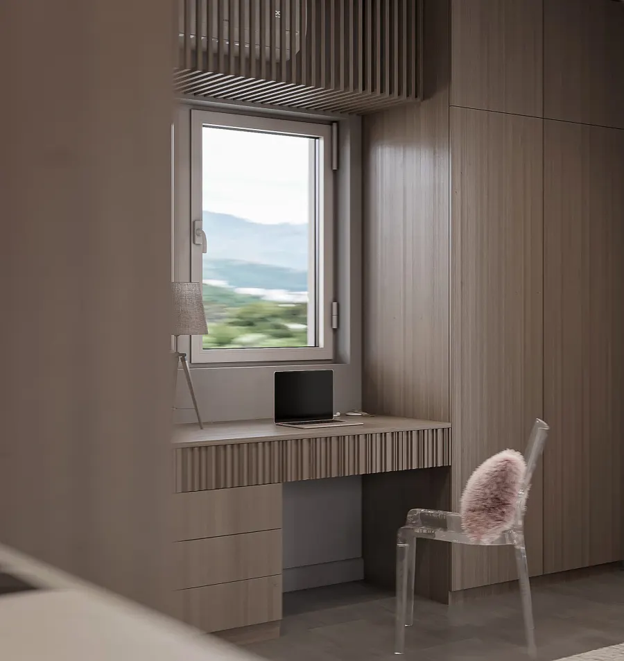 An ergonomic studio with a hidden kitchen – visualisation 2