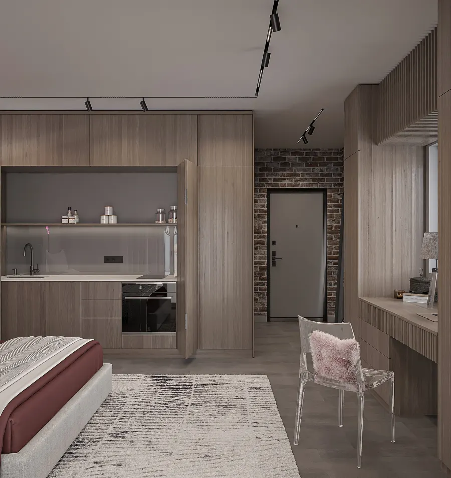 An ergonomic studio with a hidden kitchen – visualisation 3