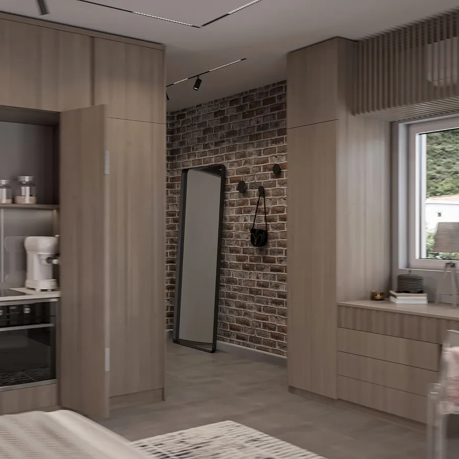 An ergonomic studio with a hidden kitchen – visualisation 5