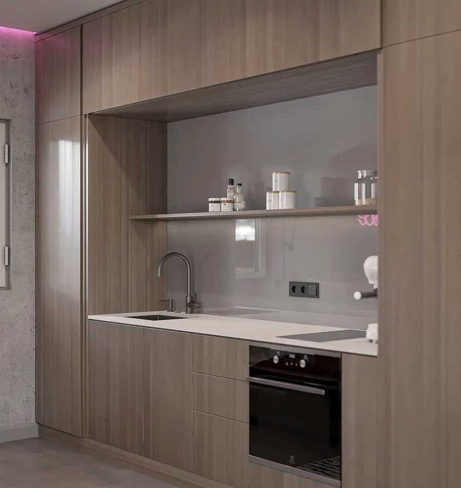 An ergonomic studio with a hidden kitchen – visualisation 6
