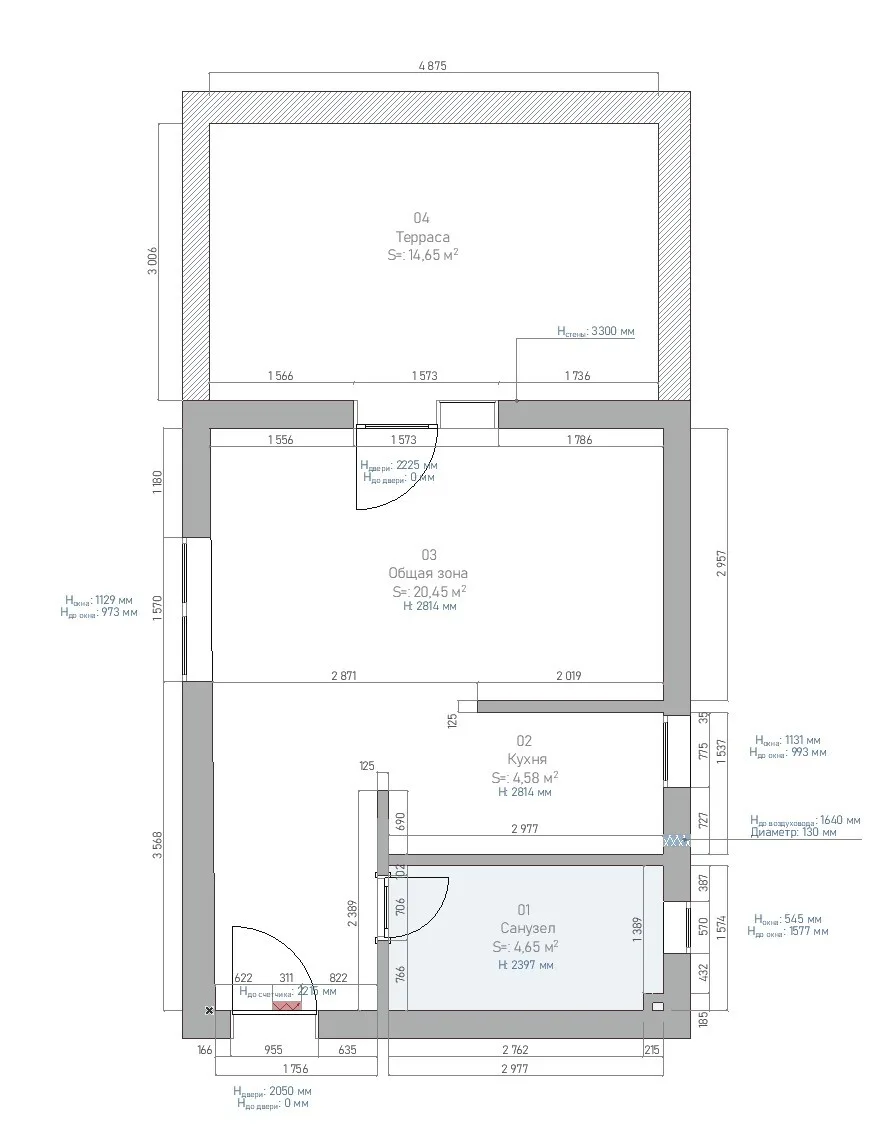 An ergonomic studio with a hidden kitchen – plan 1