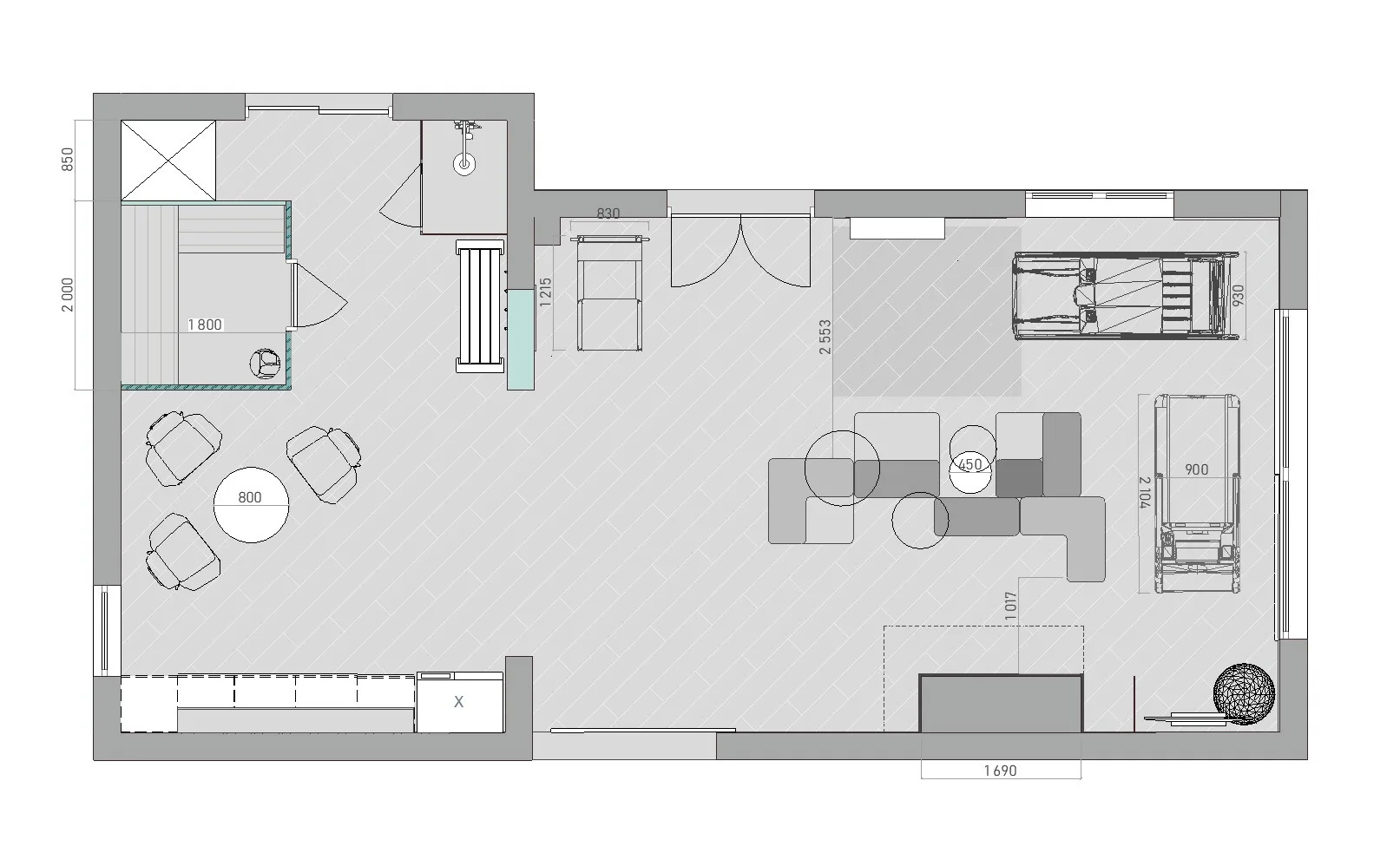 A home gym with a relaxation area – plan 2
