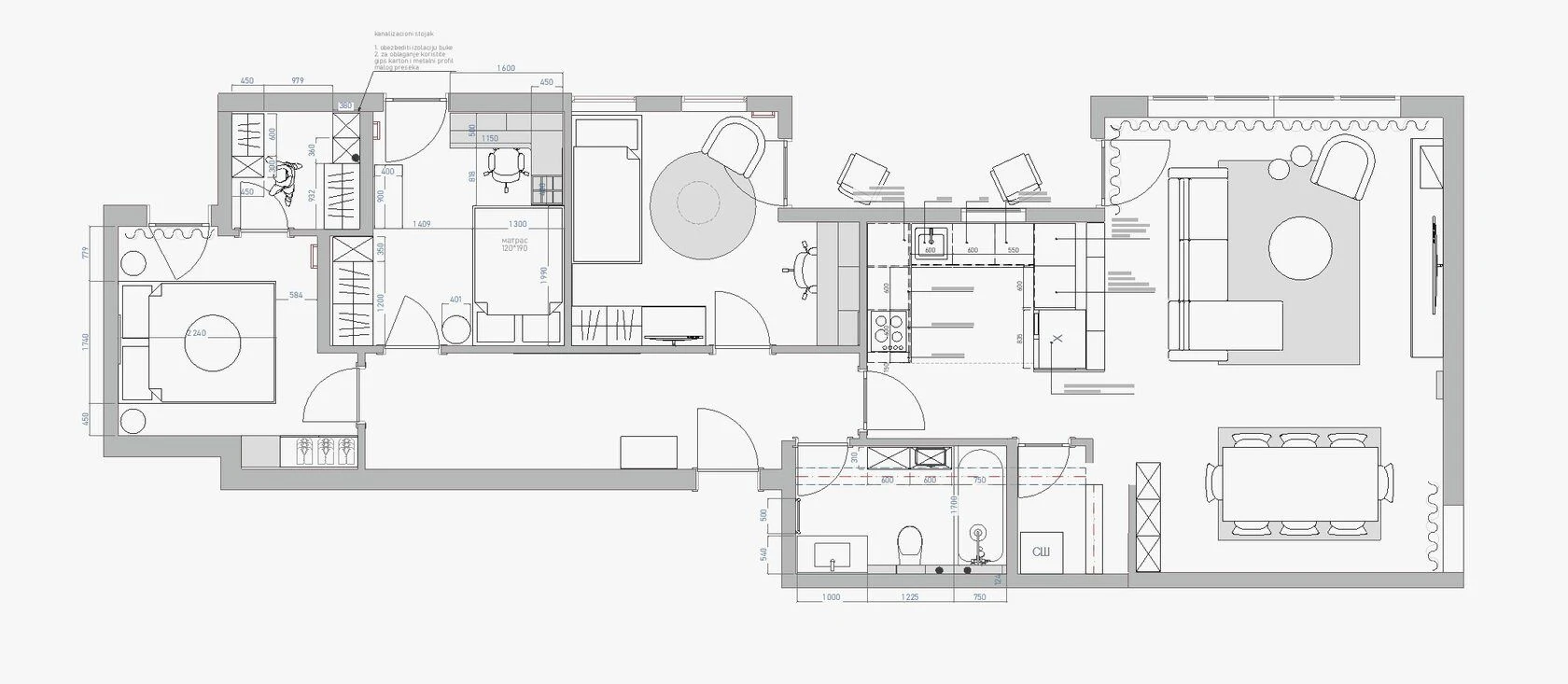 Furnished floor plan of a 105 m² apartment in Tivat